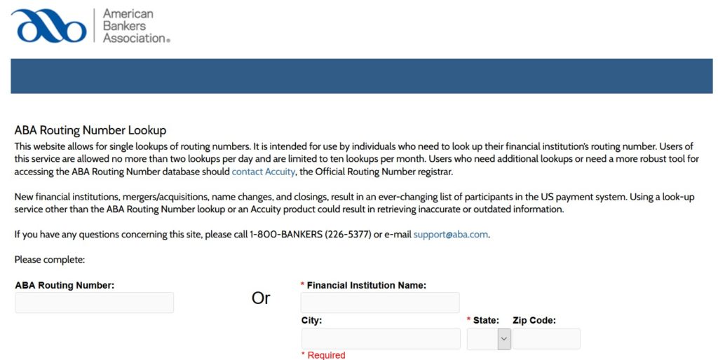 ABA Routing Number Lookup